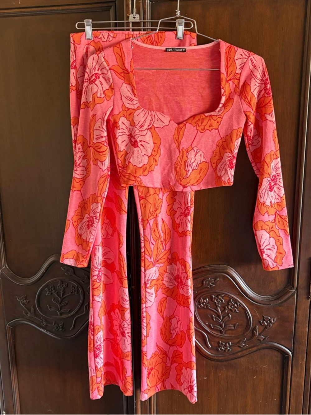 Zara Pink & Orange Floral Long-Sleeve Crop top & Wide-Leg Pants Set